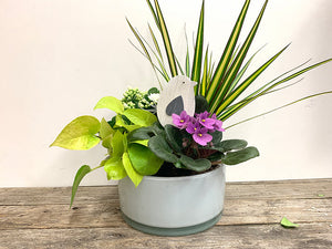 White Glass Planter with Tropicals
